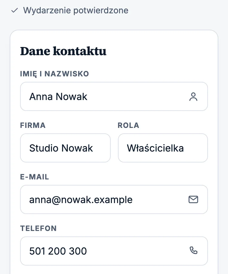 Ekran aplikacji: formularz „Dane kontaktu” z uzupełnionym imieniem i nazwiskiem, firmą, rolą, adresem e-mail i telefonem Anny Nowak.